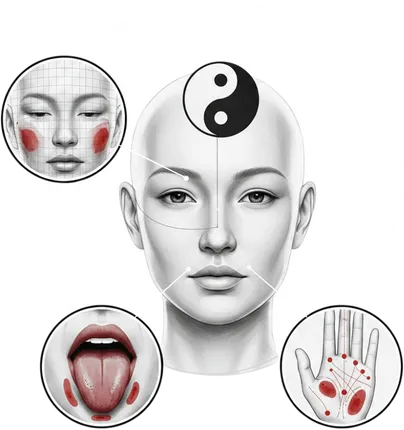 Ilustrație NOES — cele 3 puncte de scanare: Față (citirea vitalității generale), Limbă (citirea metabolismului), Palmă (citirea încărcăturii emoționale) cu simbolul Yin-Yang